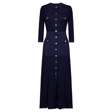 New 2025 Women's Knitted Long Dress round Neck See through Slimming Gown Full Sleeve Ankle Length Regular Waistline Design