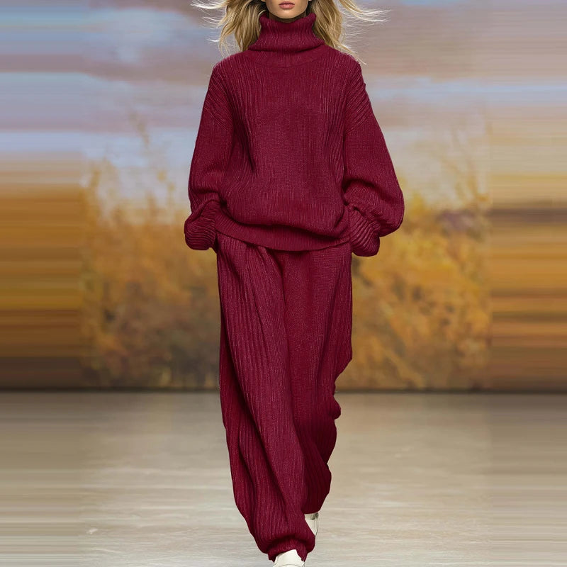 Loose Pocket Pants Set Basic High Collar Long Sleeve Top with Pants Set Comfortable Soft Sweater Solid Color Two Piece Set