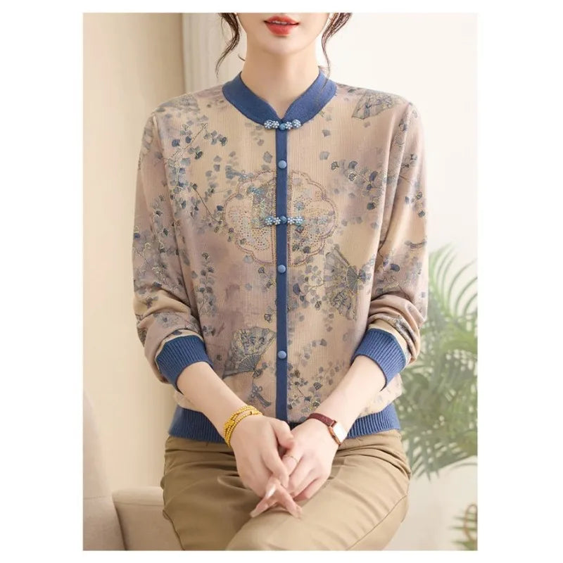 Autumn Long-sleeved Base Women's Versatile Age-reducing Top Fashionable Pullover Knitted Button Printed Sweater