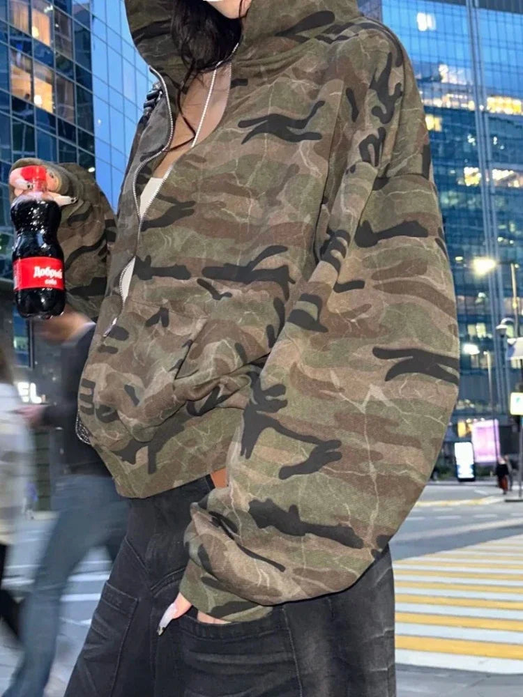 Streetwear Autumn Camouflage Streetwear Casual Hoodies Zipper Jacket Women Tops Y2k Aesthetic Pocket Casual Sweatshirts