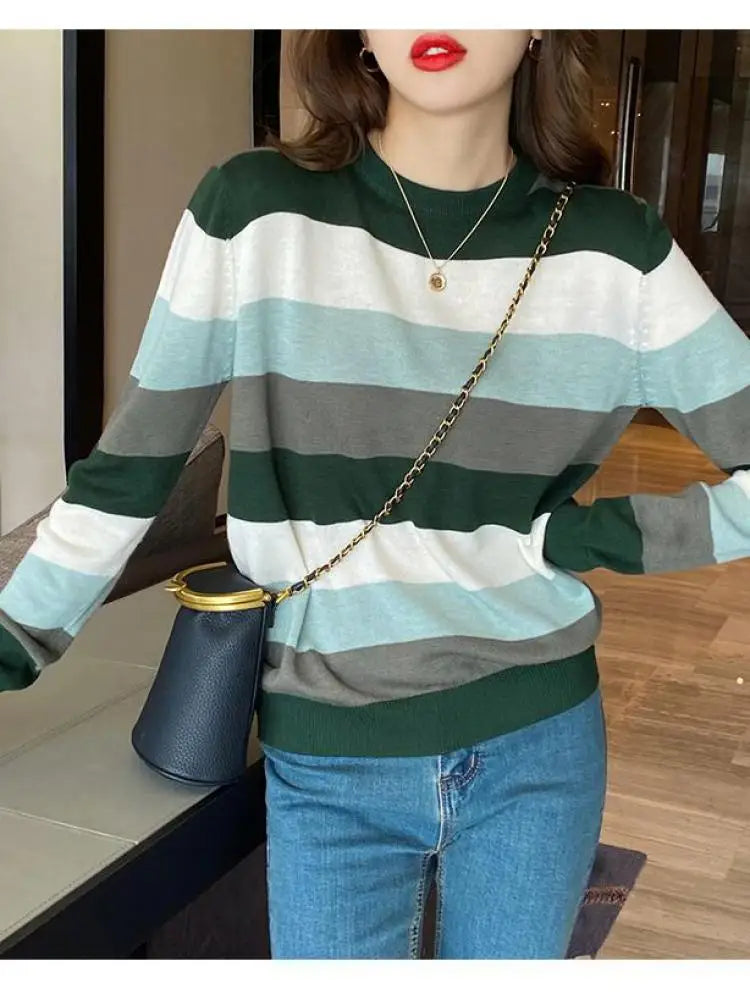 Autumn Winter Women Sweaters Long Sleeve Knitted O Neck Striped Pullover Sweater Femme Basic Solid Jersey Tops Fashion Clothes