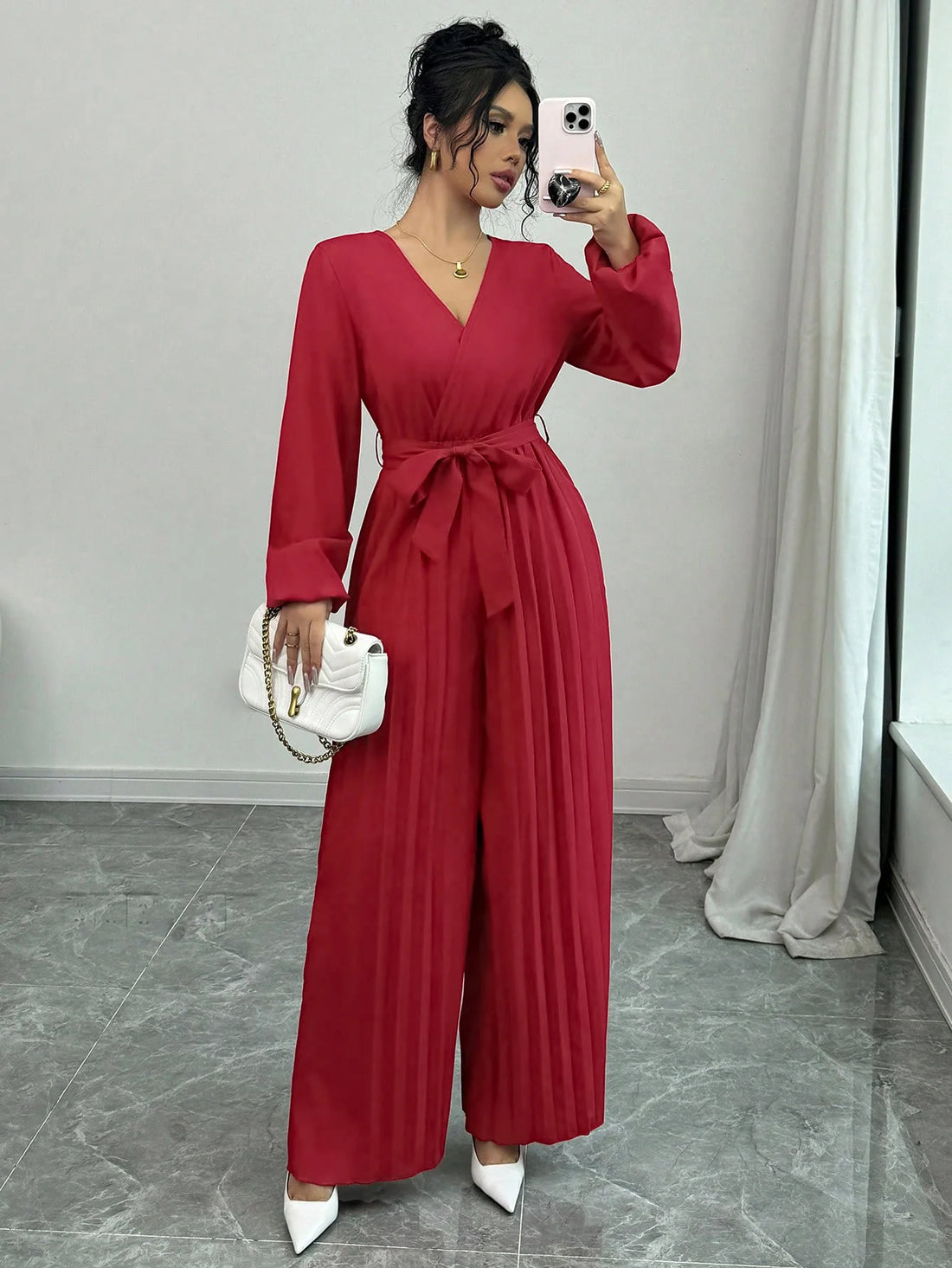 Fashion Autumn Long Sleeve V-Neck Women Jumpsuit Rompers Solid Elegant Lace-up Wide-leg Jumpsuit Women Ropa De Mujer 2025 Q608