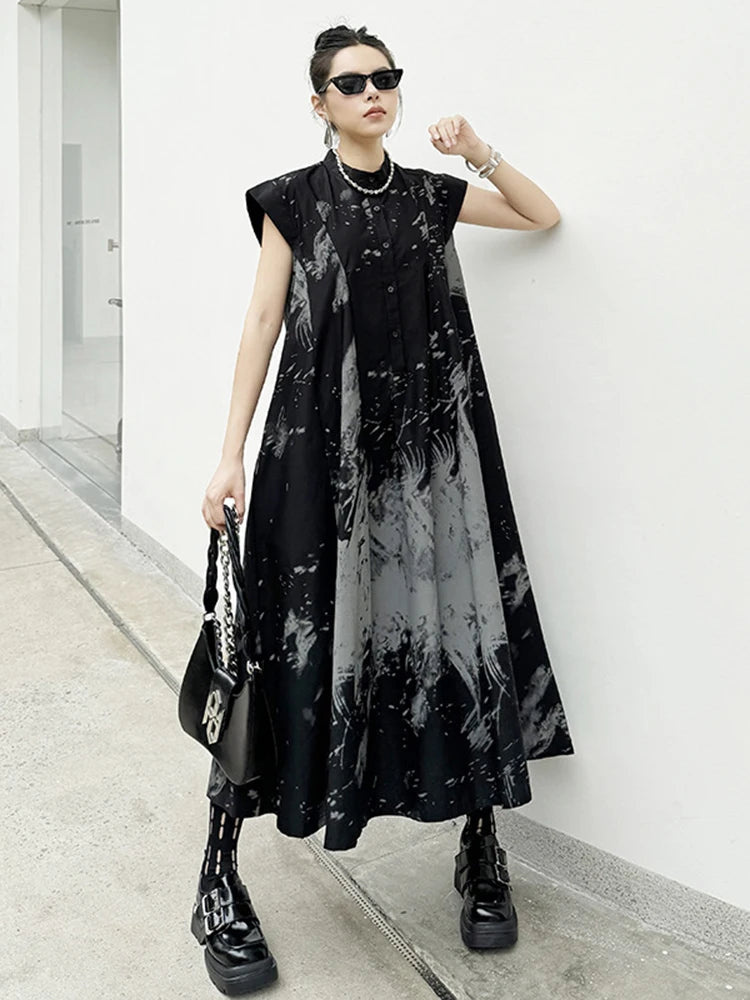EAM Women Black Pattern Printed Big Size Midi Shirt Dress New Stand Collar Sleeveless Fashion Tide Spring Summer 2026 1DH5837