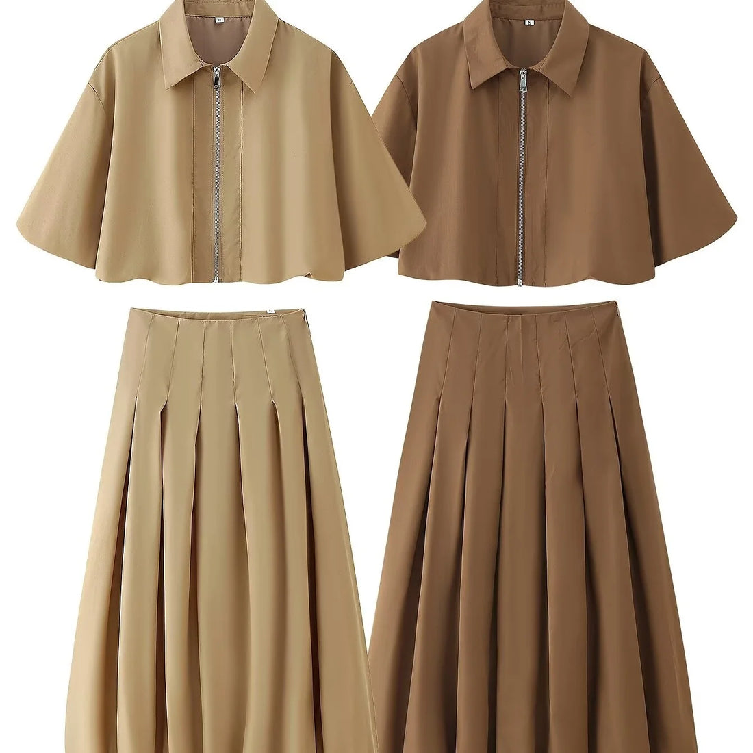 Women's Autumn New Short Zipper Jacket Short Sleeved Top High Waisted Pleated Lantern Flower Bud Half Skirt Set