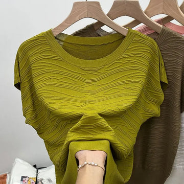 Women Clothing Vintage Texture Ice Shreds Short Sleeve Tshirt Summer Casual Loose O-neck Knit Top Tee Office Lady Solid Pullover