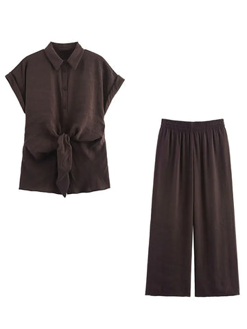 Women Casual Women Pant Set Vintage Brown Knot Short Sleeve Shirt Elastic Waist Trousers Summer Fashion Simple Women Set