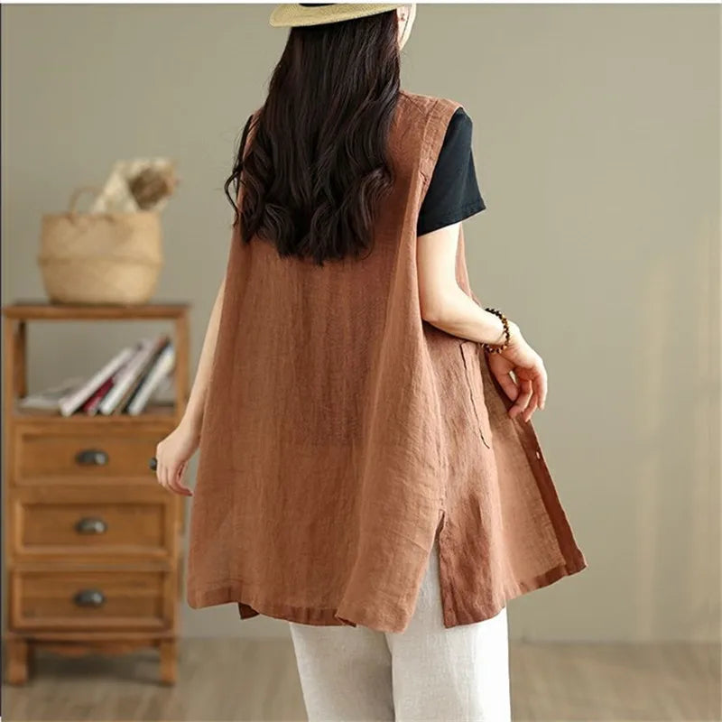 Spring Autumn New Mid-Length Cotton Linen Thin Vest Women Tops Fashion Sleeveless Jacket Loose Waistcoat Female Outerwear T1258
