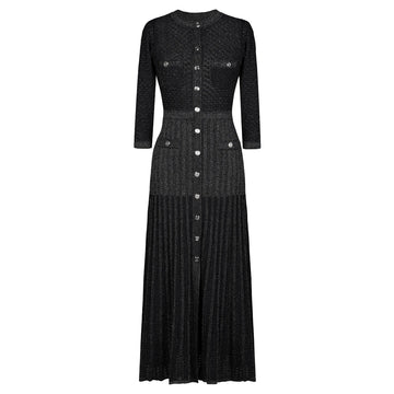 High Quality Fashionable Elastic Bright Silk Knitted Round Neck 7-inch Sleeve Single Row Button Lace Slim Fit Women's Dress