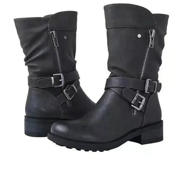 Shoes Women's Leather Boots Retro Belt Buckle Mid Calf Boots Round Toe 2023 New Water Proof Casual  Boots Women Botas De Mujer