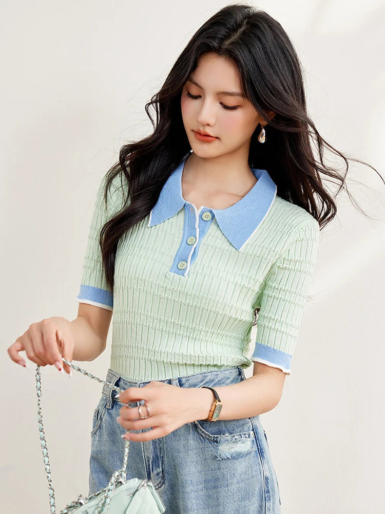 Women's Lapel Collar Slim Fit Knitted Crop Top Sweet Casual Short Sleeve T Shirt Summer Pullovers Fashion Tops