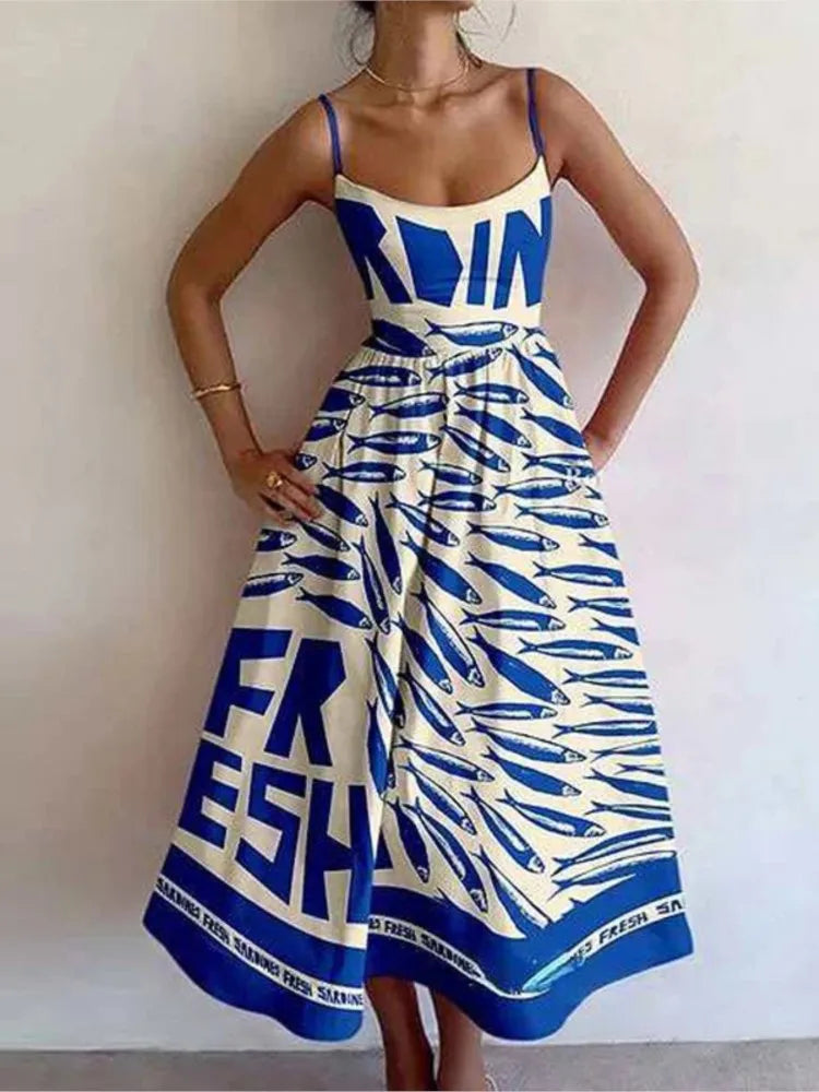 Fashion Trendy Print Spaghetti Strap Dresses Women Sexy Low Cut Backless A-line Sleeveless Dress Female Party Club Vestidos New