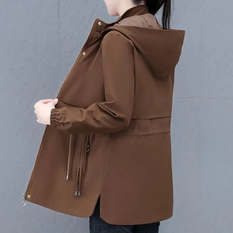 2025 New Spring Autumn High-End Trench Coat Women Fashion Hooded Zipper Windbreaker Female Overcoat Loose Outerwear Tide T1085