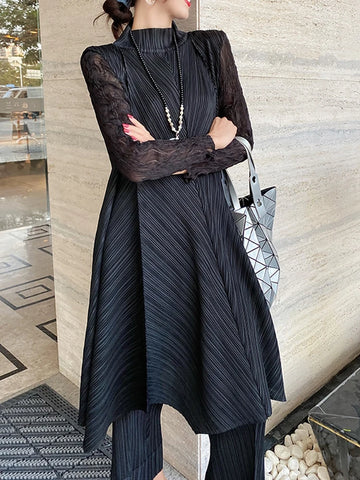 Miyake Sets Women Pleated Two Piece Set Fall 2025 Winter New Loose Casual Suit Lace Fashion Long Dress Top Pencil Pant Clothes