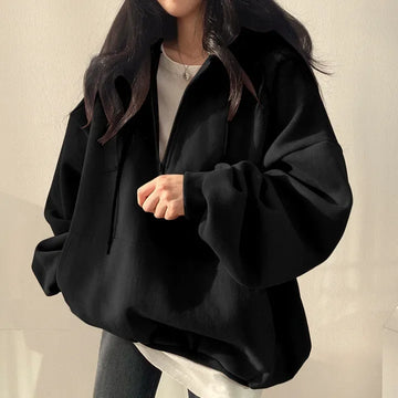 Trendy Pullover Hooded Sweatshirt Women's Long Korean Style Loose Fit Fleece Lined For Spring Autumn/winter