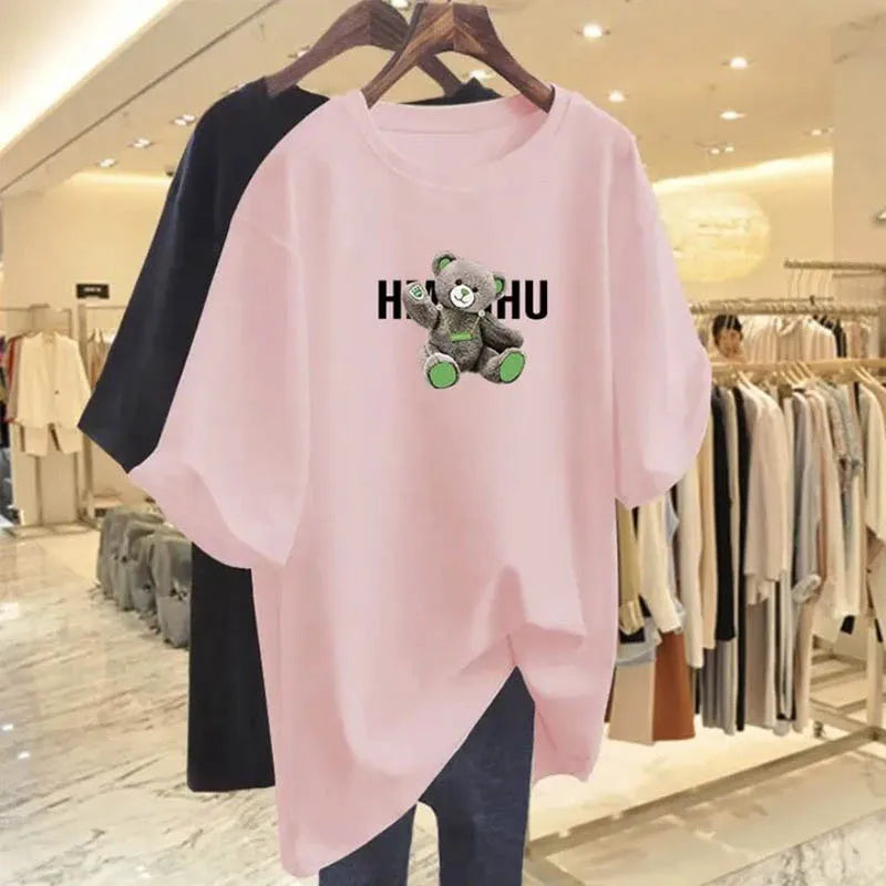 Summer Casual Loose Cartoon Print T-shirt Women Clothing Fashion Pure Cotton Basic Top Tee Lady Elegant Short Sleeve Pullovers