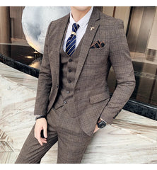 High Quality British Korean Modified Plaid Men (suit + Vest + Trousers) Stylish and Handsome Business Casual Three-piece Suit