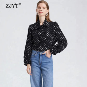 ZJYT Chic Blouse Women's Tops Large Size Black Polka Dot Print Casual Shirts & Blouses Long Sleeve Elegant Ladies Large Size New