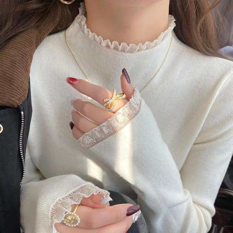 Knitted Sweater Women Pullovers New Long Sleeve Ruffled Collar Knit Sweater Pullover Women Tops Sweaters Sueters De Mujer Q755