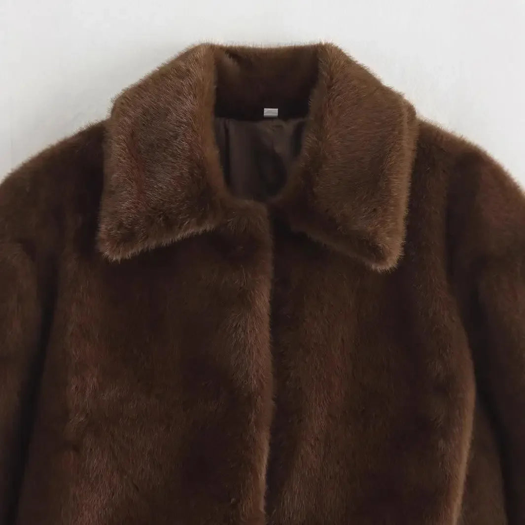Loose Brown Faux Fur Collar Jacket Short Outerwear Women's Fashion Autumn New Style Artificial Leather Coat Full Sleeve
