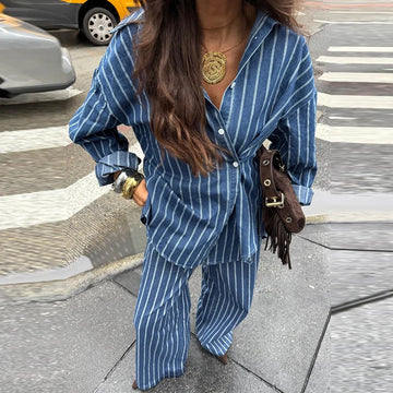 Fashionable loose collar striped long sleeved waist shirt long and wide leg pants set high street comfortable commuting set
