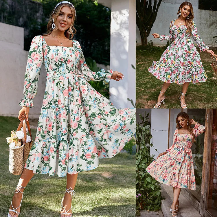 Summer New Women's Square Neck Flare Long Sleeve Loose High Waist Printed Elegant Office Commute Versatile Slimming Maxi Dress