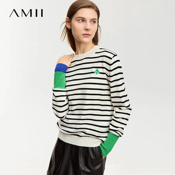 AMII Striped Women's Sweater 2025 Autumn New Round Neck Asymmetrical Sweaters For Women Embroidered Casual Tops Ladies 12423126