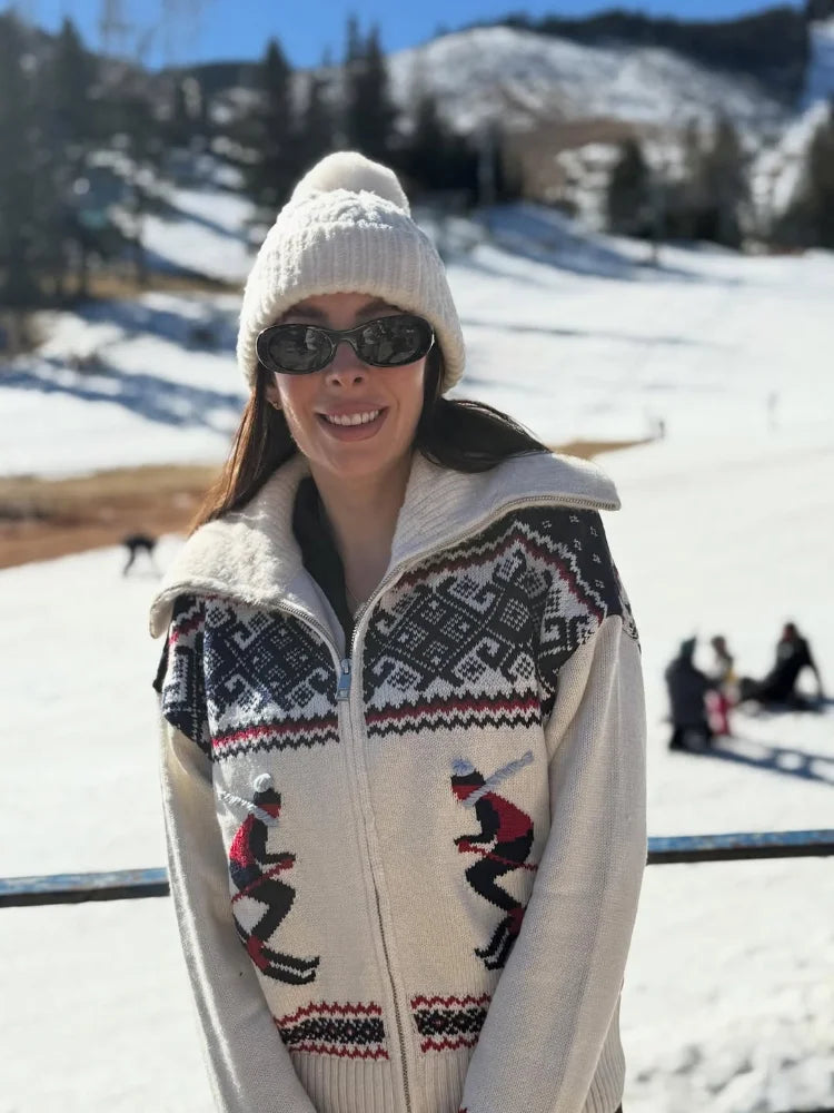 Jacquard Cardigan For Women Zipper Turn Down Collar Ski Tops Female Casual Women's Sweater Elastic Fashion Knitwear For Ladies