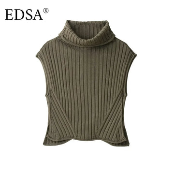 EDSA Women High Neck Knitted Vest Sleeveless Asymmetric Hem Side Vents Sweater Vests Pullovers