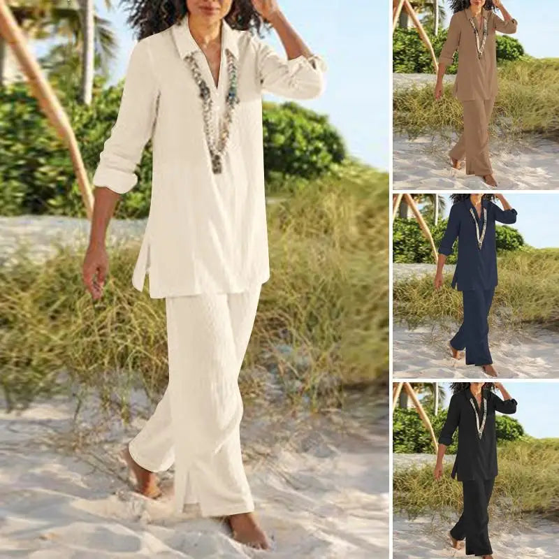 2025 Autumn Women New V-neck Long-sleeved Loose Casual Solid Color Fashion Suit For Women Outdoor Daily Versatile Two-piece Suit