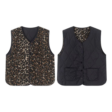 2025 Winter New Women's Casual Fashionable Elegant Versatile Simple V-neck Sleeveless Leopard Print Cotton Vest