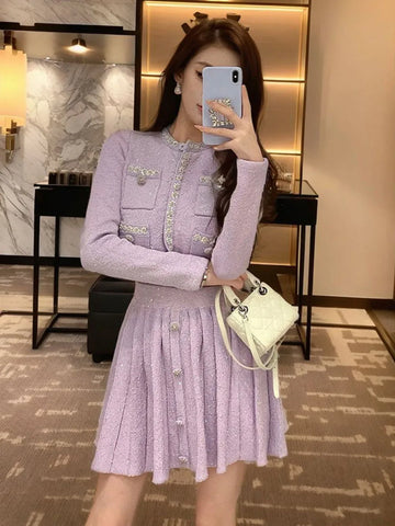 Women's Elegant Knitted 2pc Set Spring Autumn Long Sleeve Beading Single Breasted Snap Fastener Top+Elastic Waist Pleated Skirt