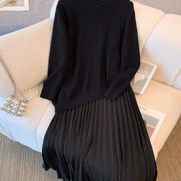 Irregular Splicing Knitted Midi Dress Women's Autumn Winter plus Size Design Sense Faux Two-Piece Gored Sweater Dress