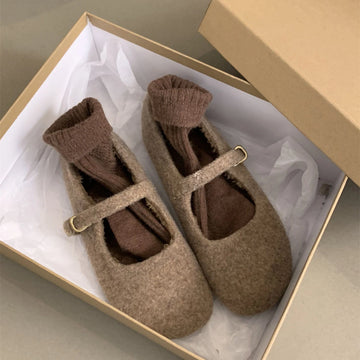 New Fashion Square Toe Fleece Flet Ballet Flats Woman Winter Warm Wool Mary Jane Shoes Ladies Brand Design Elegant Plush Loafers