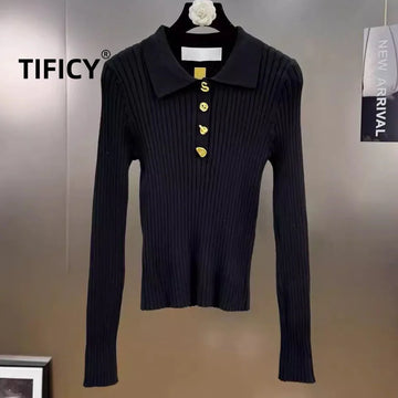 Sweaters Women's Autumn New Lapel Long Sleeved Single Breasted Decorative Tight Stretch French Commuting Style Knitted Sweater