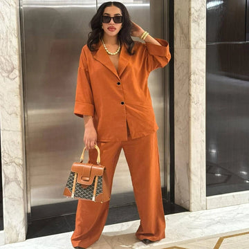 Two Piece Pant Sets Women Casual T Shirt Solid Button Turn Down Collar Tops Casual High Waist Straight Pants Office Lady Autumn