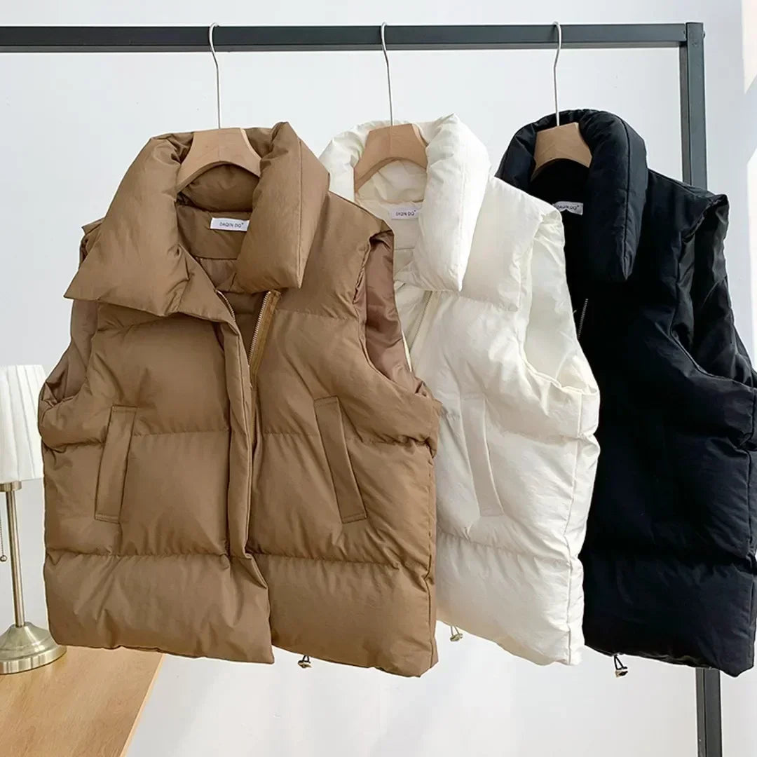 New Winter Cotton Vest Women Warm Coat Turn-down Collar Zipper Sleeveless Jacket Overcoat Loose Drawstring Waistcoat