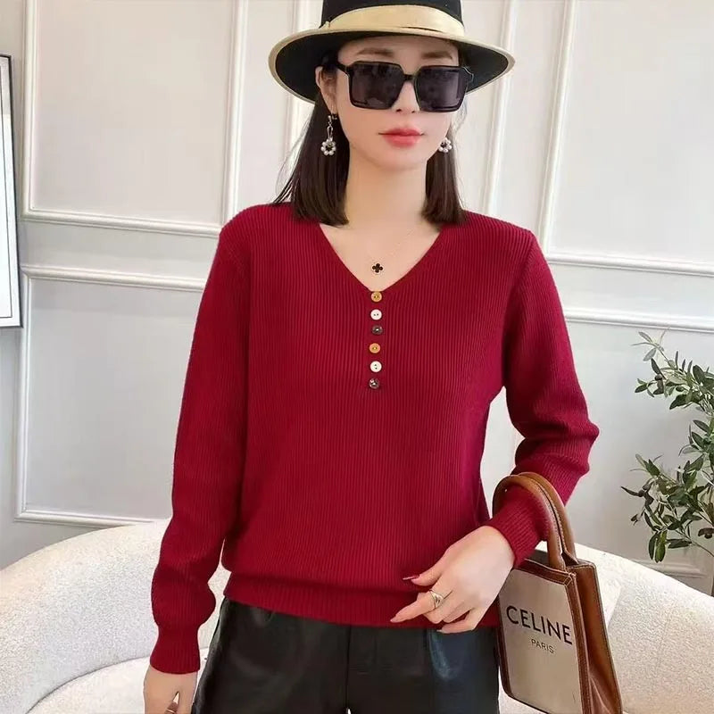 Women's Clothing Fashion All-match V-neck Knit Pullovers Autumn Winter New Casual Loose Long Sleeve Button Top Lady Elegant Tees