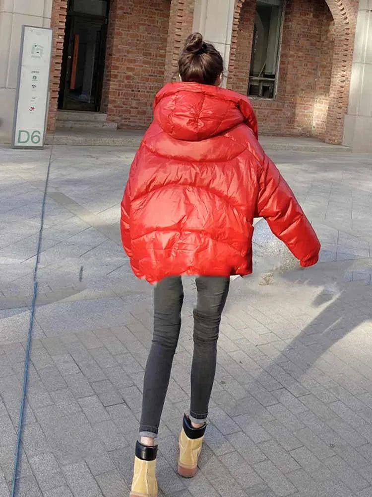 2022 Female Winter Short Hooded Parkas Puffer Bomber Jacket Warm Cotton Padded Coats Stylish Outerwear Oversized Streetwear