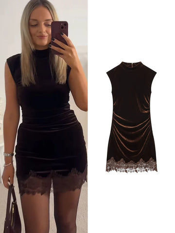TFMLN Women's Mini Dress Autumn New Sleeveless Velvet Lace Trim Short Dress Elegant Half High Collar Fashionable Slim Dress