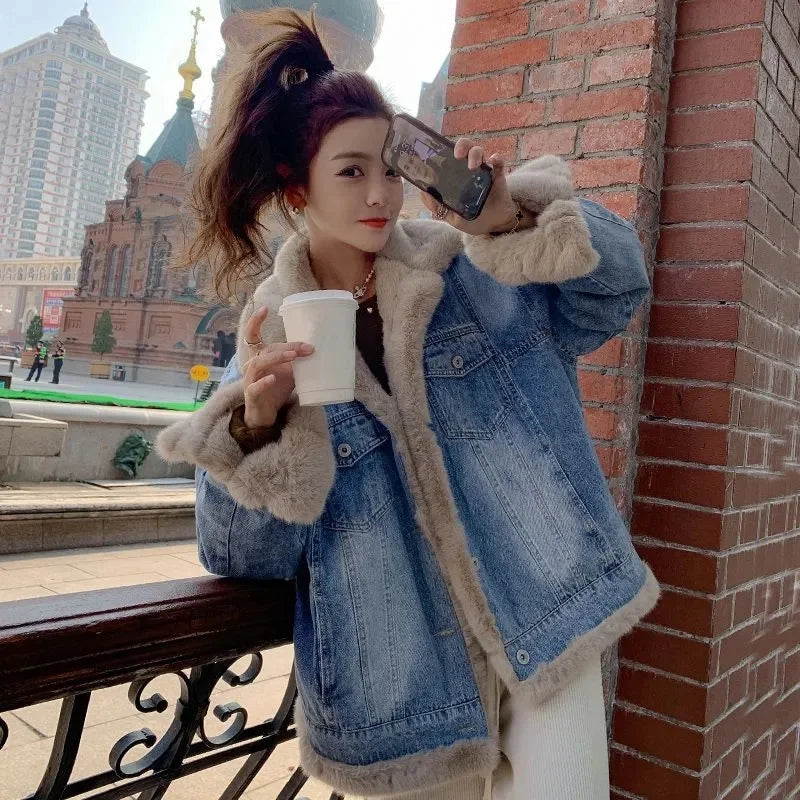 fashion Add Velvet Padded Warm Denim Coat Female 2025 New Winter Long Sleeve Short Lamb Velvet Cotton-padded Jacket women T520