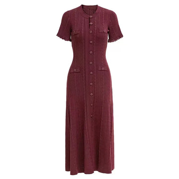 Sandro Vintage Cable Knit Midi Dress Button Front Ruffled Short Sleeve Pocket Design Elegant Party Casual Knitted Dress 2025