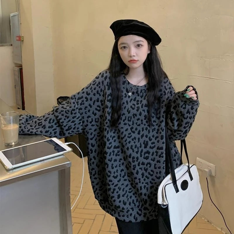 Leopard Print Female Pullover Top Lazy Style Y2k Japanese Streetwear Harajuku Fashion Emo Essential Oversize Women's Sweatshirts