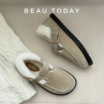 BEAUTODAY Casual Flats Women Cow Suede Leather Wool-lined Buckle Strap Weave Round Toe Warm Ladies Shoes Handmade 22824
