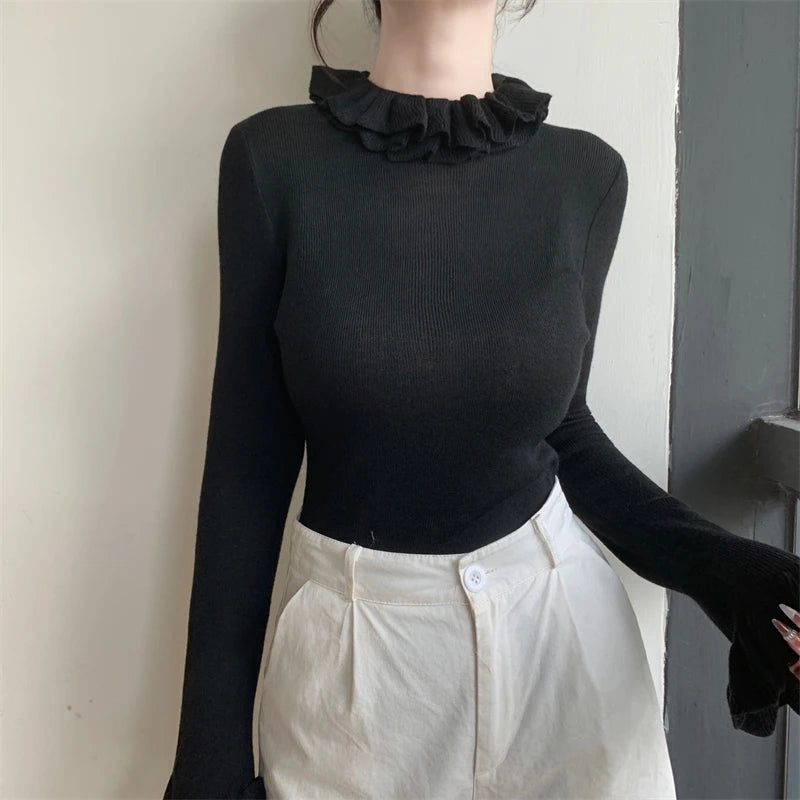 Spring Autumn Half Turtleneck Ruffles Women's Sweater 2025 New Long Sleeve Knitted Casual Bottom Korean Slim Pullover Top Female