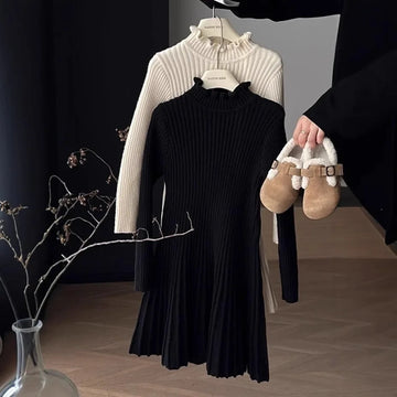 YBFSKID Spring 2026 Kids Girls Long Sleeve Dress Ruffle Collar Ribbed Children Girls Dress Knit Mid-length Girls Princess Dress