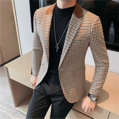 Suit Men's British Style Slim Elegant Fashion Business Casual Dress Tuxedo Spliced Collar Plover Case Blazer Jacket