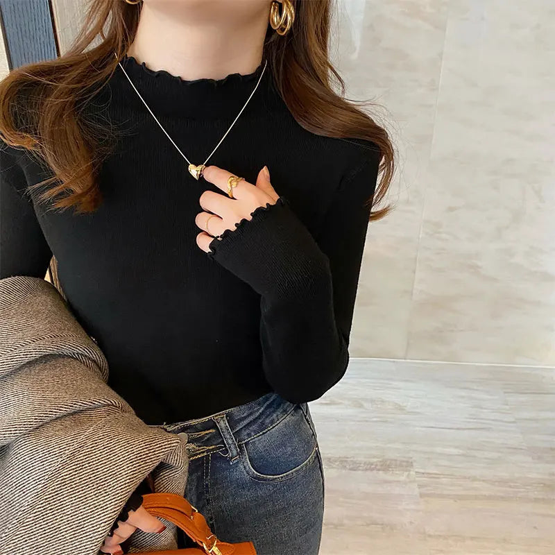 Knitted Sweater Women Pullovers New Long Sleeve Mock Neck Black Knit Sweater Pullover Women Tops Sweaters Sueters De Mujer Q989