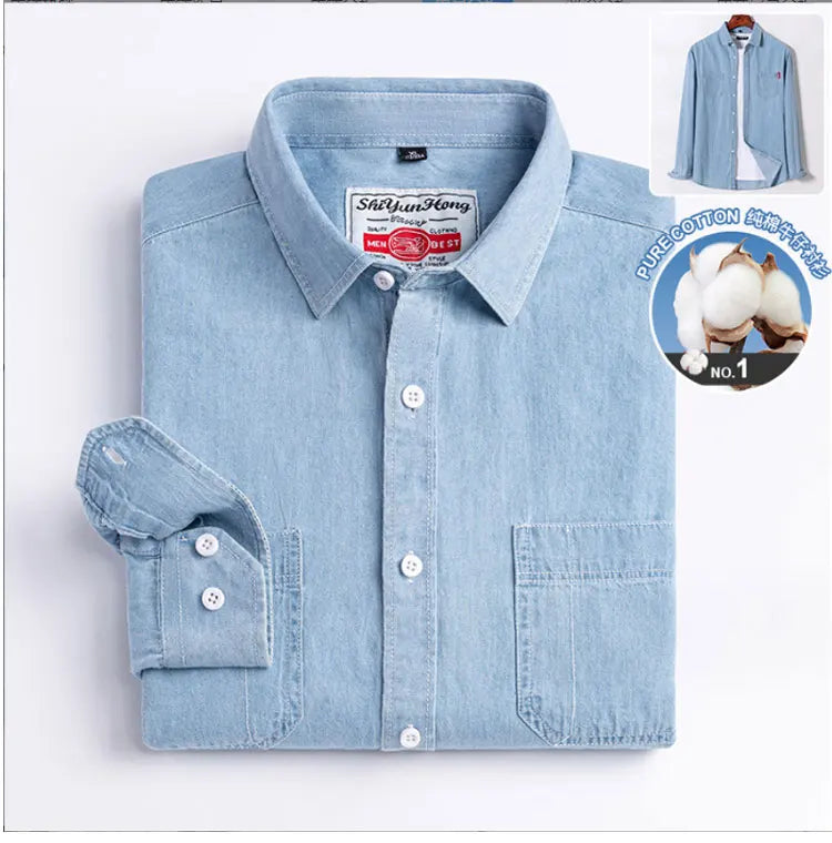 100% cotton denim young and middle-aged men's long-sleeved shirt autumn and winter casual no-iron solid color high quality