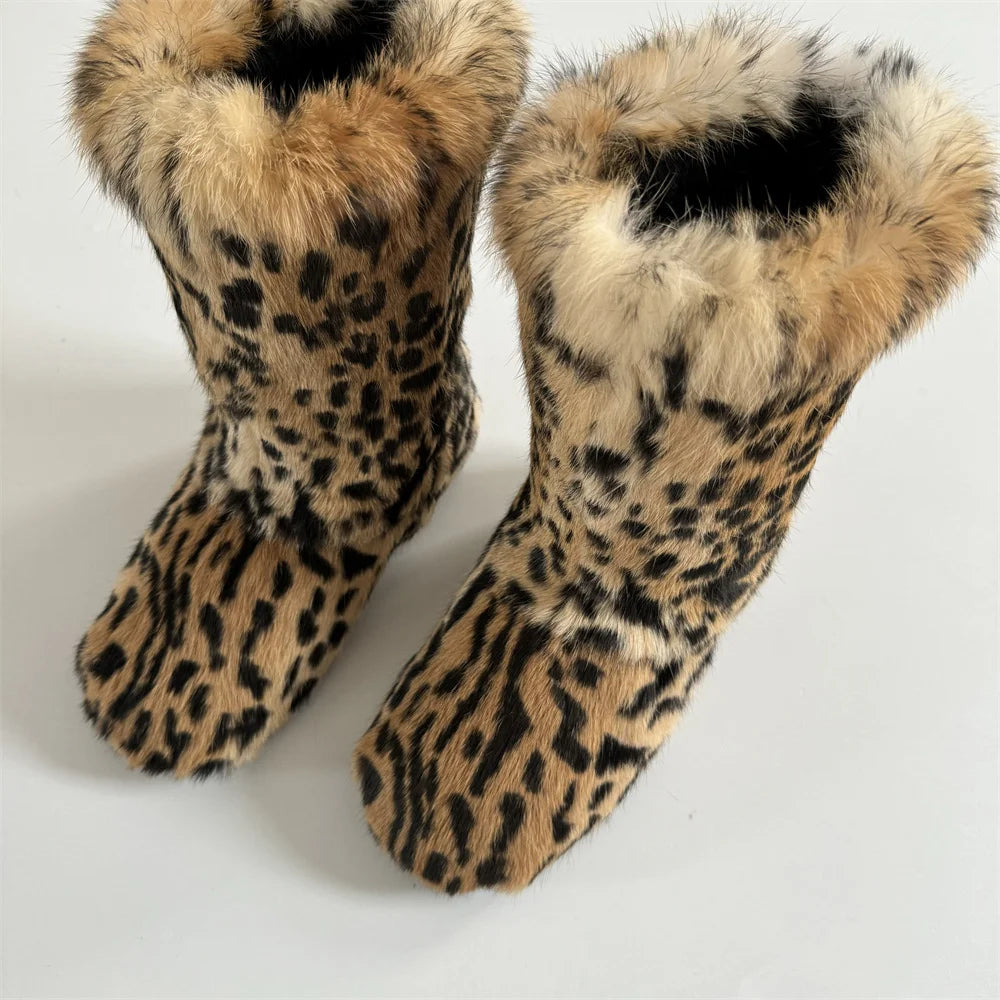 Winter Fur Shoes Women Real Rabbit Fur Boots Women Plush Warm Snow Boots Luxury Fashion Footwear Girls Furry Fur Boots