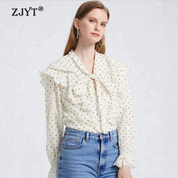 ZJYT Polka Dot Print White Shirt Woman Long Sleeve Bow Collar Chic Blouses & Shirts Casual Ladies Tops with Ruffle Female Spring